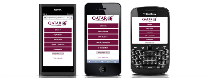 A Nokia N9, iPhone and BlackBerry displaying the Qatar Airways mobile website